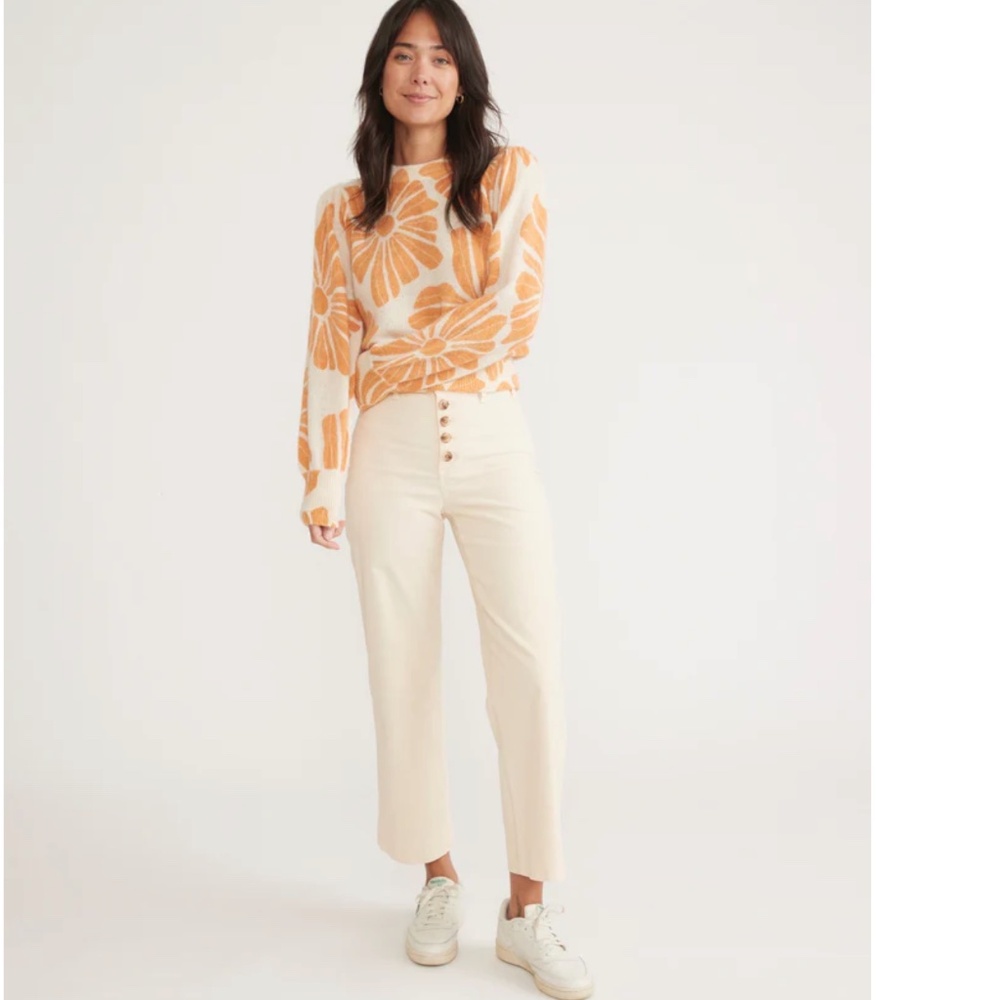 MARINE LAYER Bridget Corduroy Slim Wide Leg Crop Pant Ivory SZ 2 Visible Buttons